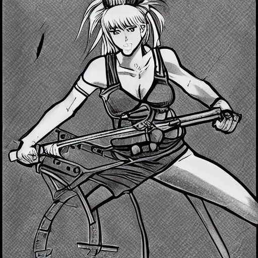 Image similar to manga drawing of a girl wielding a buzzsaw