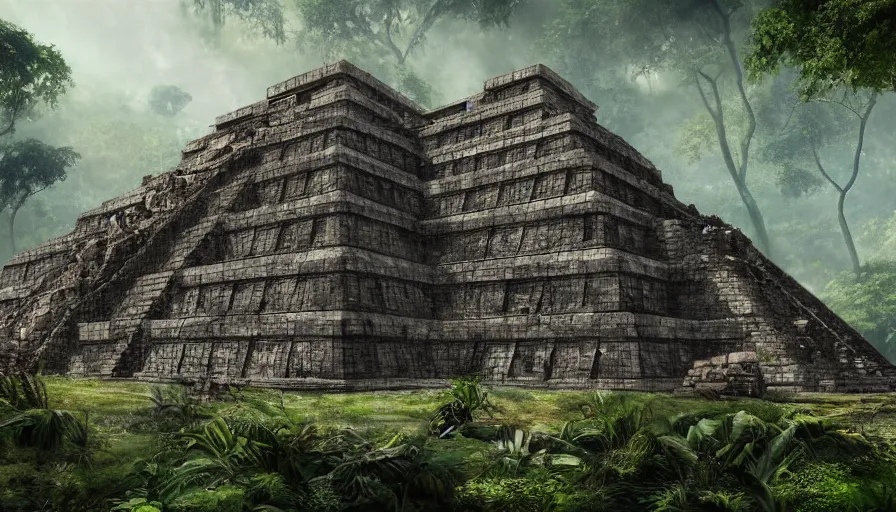 Image similar to Ancient destroyed Mayan temple of a hostile jungle, hyperdetailed, artstation, cgsociety, 8k