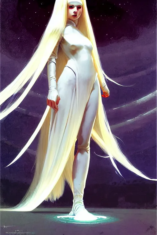 Image similar to pulp scifi fantasy illustration full body android girl, very long white hair, cape, futuristic design, crafting, diy, by norman rockwell, roberto ferri, daniel gerhartz, edd cartier, jack kirby, howard brown, ruan jia, tom lovell, jacob collins, dean cornwell, astounding stories, amazing, fantasy, other worlds