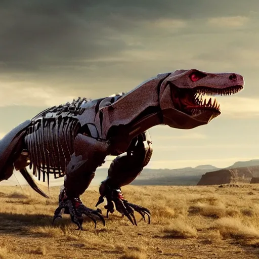 Image similar to cinematic still of westworld, si - fi robotic tyrannosaurus rex, highly detailed