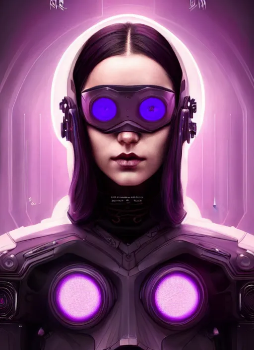 Image similar to symmetry portrait of a very beautiful caucasian young cyberpunk woman with dark purple hair wearing a mask, sci - fi, tech wear, glowing lights intricate, elegant, highly detailed, digital painting, artstation, concept art, smooth, sharp focus, illustration, art by artgerm and greg rutkowski and alphonse mucha