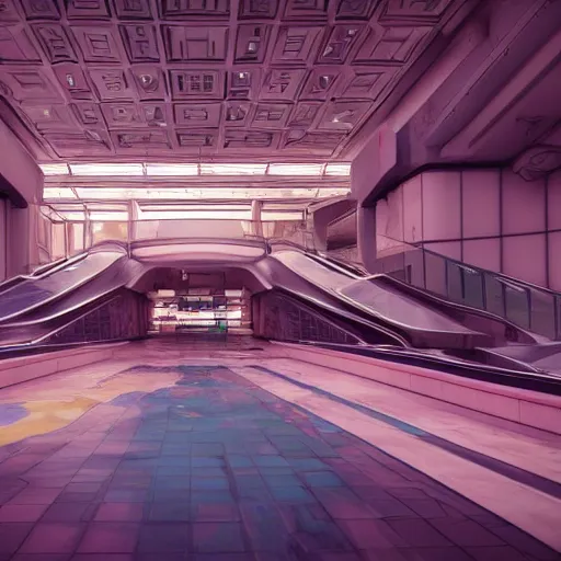 Image similar to futuristic, pastel colors, hd 8 k, unreal engine, abandoned, overgrown, red blue studio lightning, mall, escalator