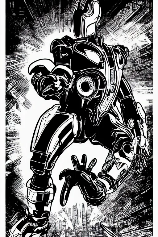 Image similar to ultron doing a high kick, a page from cyberpunk 2 0 2 0, style of paolo parente, style of mike jackson, adam smasher, johnny silverhand, 1 9 9 0 s comic book style, white background, ink drawing, black and white, colouring pages