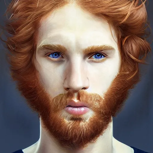 Image similar to 2 4 - year - old man, masculine face, square jaw, ginger hair, dark blue eyes, hyper realistic face, beautiful eyes, highly detailed, digital painting, smooth, sharp, beautiful face, expressive eyes, long fluffy wavy ginger hair, art by greg rutkowski and alex gray