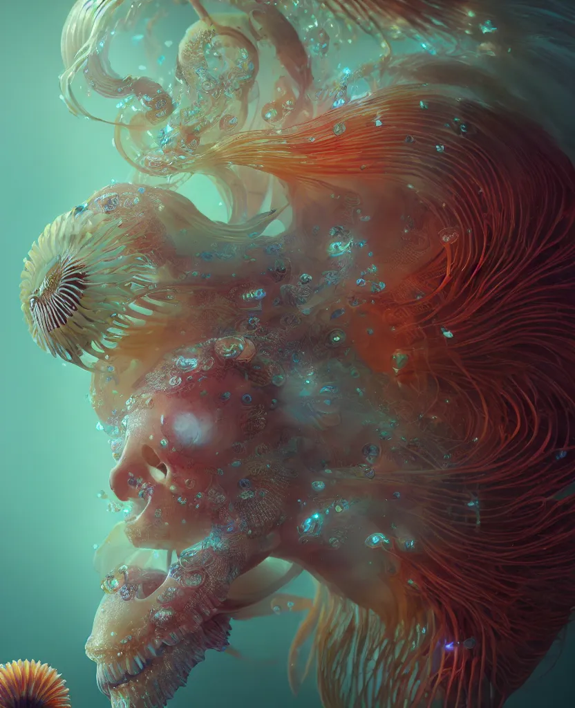 Image similar to goddess close-up portrait. chimera orchid jellyfish phoenix head, nautilus, skull, betta fish, bioluminiscent creatures, intricate artwork by Tooth Wu and wlop and beeple. octane render, trending on artstation, greg rutkowski very coherent symmetrical artwork. cinematic, hyper realism, high detail, octane render, 8k