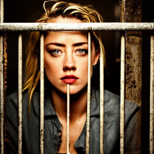 Image similar to amber heard alone inside a prison cell behind bars, ultra realistic, canon 3 5 mm portrait photography, 1 8 0 0 s, 8 k