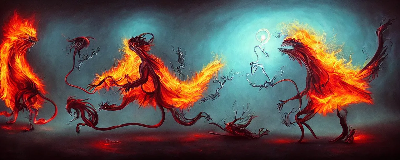 Image similar to whimsical fiery alchemical creatures, surreal dark uncanny painting by ronny khalil