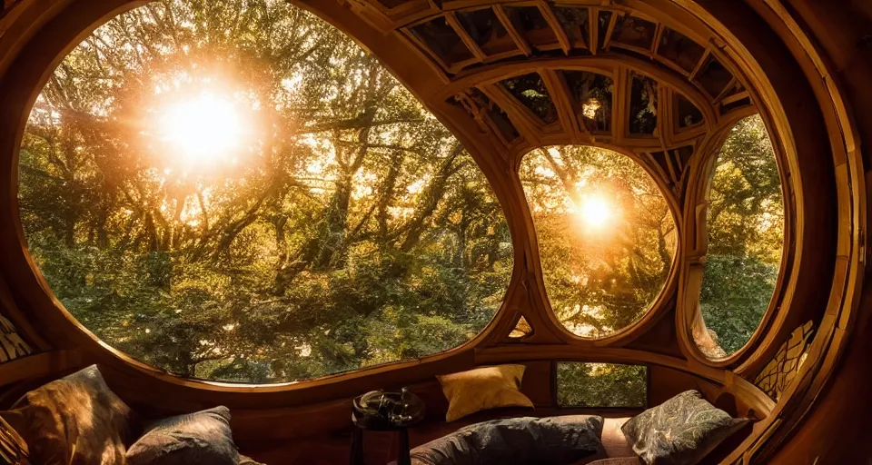Prompt: An incredibly beautiful scene from a 2022 sci-fi film featuring a cozy art nouveau reading nook in a fantasy treehouse interior. Golden Hour. 8K UHD.