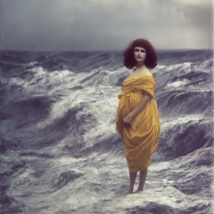 Prompt: a closeup portrait of a woman wearing wrapped in plastic, standing in front of a giant tsunami wave, color photograph, by james abbott mcneill whistler, canon eos c 3 0 0, ƒ 1. 8, 3 5 mm, 8 k, medium - format print