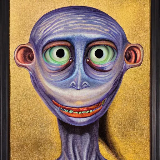 Image similar to a professionally painted portrait of a typical alien with large eyes, friendly, symmetry, golden hour, 8k, HD