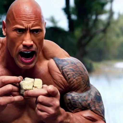 Prompt: Dwayne The Rock Johnson eating stones for breakfast