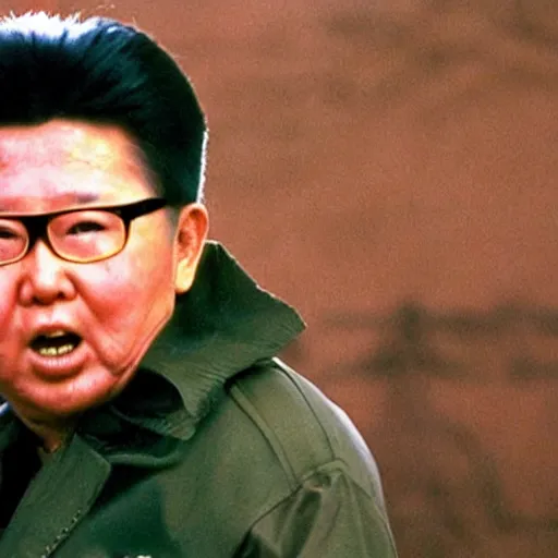 Image similar to a filmstill of Kim Jong-il as Rambo in Rambo First blood