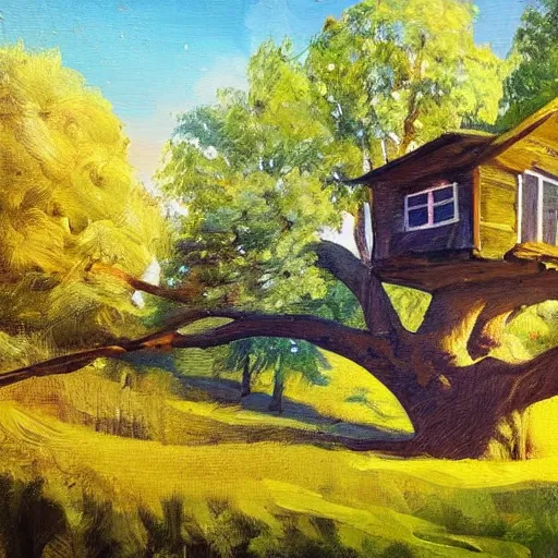 Image similar to treehouse in the countryside on a sunny day, peaceful, dreamy, brush strokes, oil painting