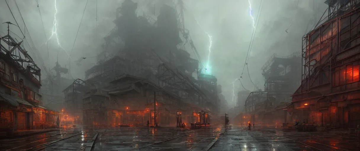 Image similar to a highly detailed matte painting of a soviet steampunk industrial zone in lightning storm and heavy rain by studio ghibli, makoto shinkai, by artgerm, by wlop, by greg rutkowski, volumetric lighting, octane render, 4 k resolution, trending on artstation, masterpiece