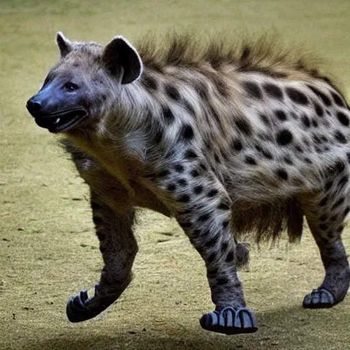 Prompt: hyena and robot hybrid, half robot half hyena, realistic proportions, picture taken in zoo, highly detailed