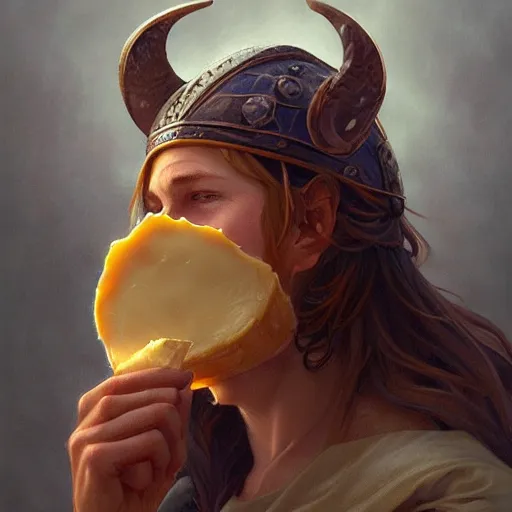 Image similar to a portrait of Viking devouring cheese, highly detailed, digital painting, artstation, concept art, sharp focus, illustration, art by artgerm and greg rutkowski and alphonse mucha