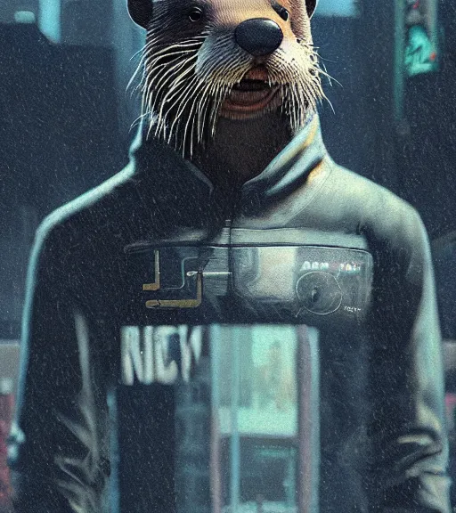 Image similar to new york city portrait of furry anthro anthropomorphic river otter head animal person fursona wearing clothes strange cybernetic muzzle gloomy rainy screenshot from the video game cyberpunk 2077 digital art by Greg Rutkowski, Simon Stalenhag, christopher nolan trending on Artstation, CGSociety