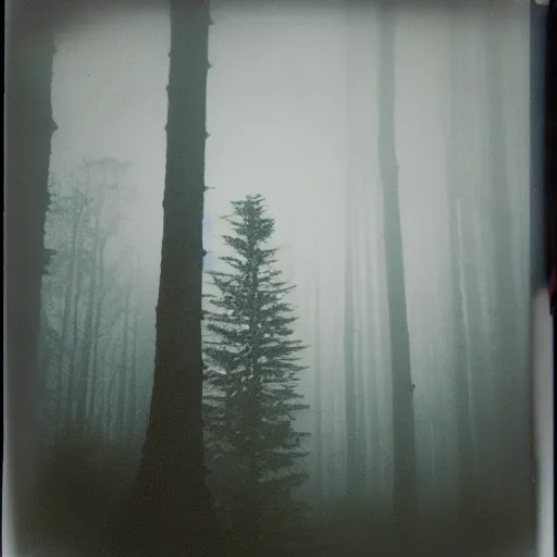 Image similar to a towering statue in a forest clearing reaching into the fog, night, old polaroid, expired film, megalophobia,