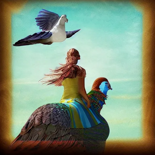 Image similar to Digital art of a woman riding a giant pigeon in the sky