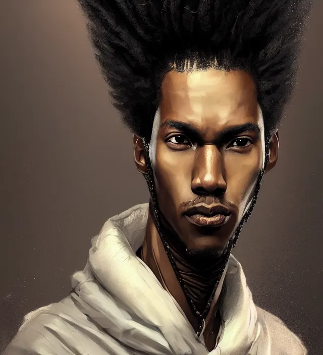 Image similar to portrait of a man by greg rutkowski, he is about 2 5 years old, mixture between afroamerican and japanese, afro hair, geisha tatoos, very tall and slender, he is wearing a futuristic police gear, highly detailed portrait, digital painting, artstation, concept art, smooth, sharp foccus illustration, artstation hq