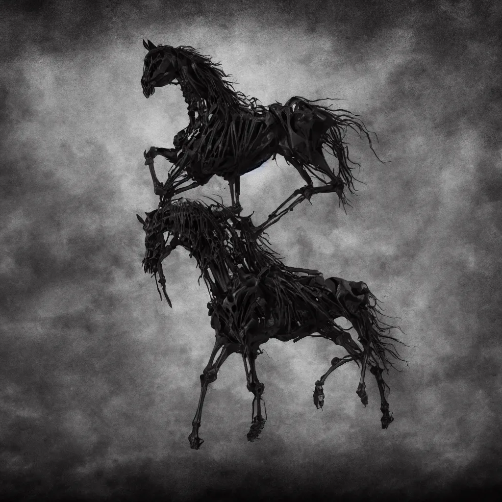 Prompt: a skeleton in a dark veil on a horse, dark and mysterious, stopped in time, atmospheric, ominous, eerie, cinematic, epic, 8 k, 4 k, ultra detail, ultra realistic