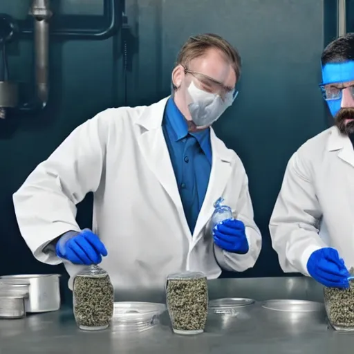 Image similar to two men in blue lab coats, pouring cannabis into metal tubes, cinematic, 4k, high detail