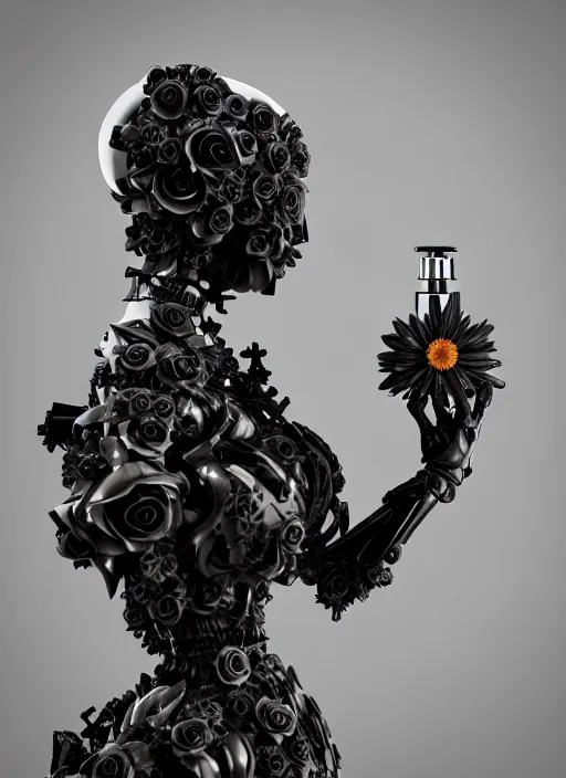 Image similar to elegant biomechanical black statue carrying perfume bottle made of corals, daisies, roses, well contoured smooth fair walls carrying perfume bottle, up close shot, sharp focus, global illumination, radiant light, alexandre ferra white mecha, irakli nadar, octane highly render, 4 k, ultra hd,