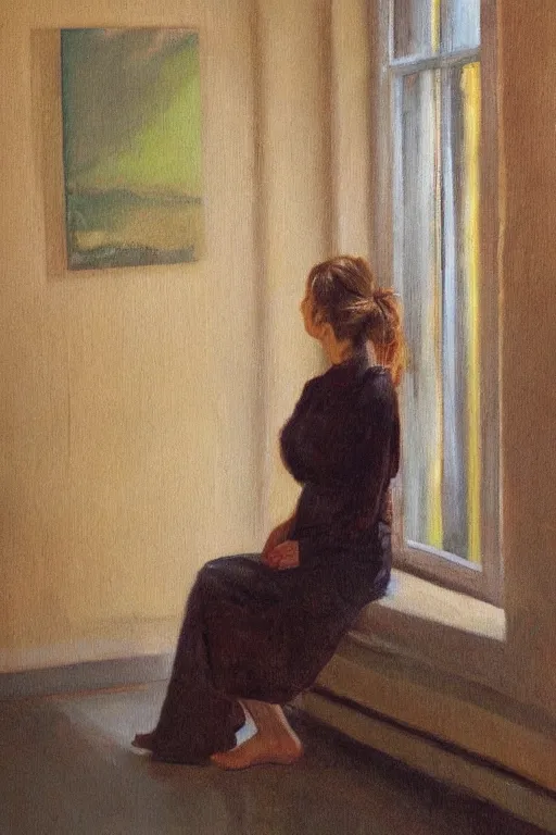 Image similar to oil painting, long view, hight detailed, woman sits in corner of empty room and look in the corner, back view, in style of neodada