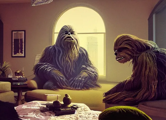 Prompt: wookiee comfy at home trading crypto. the charts are at all time highs, painting by frank frazetta, 3 d rendering by beeple