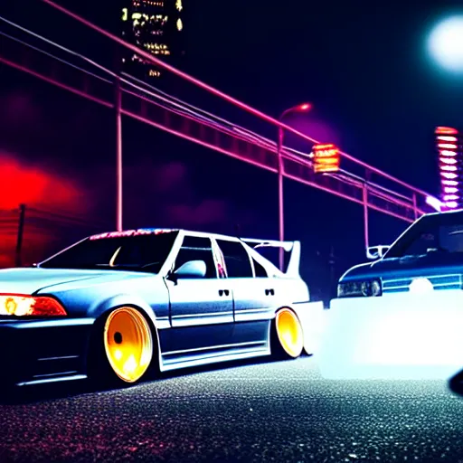 Image similar to a car JZX100 turbo drift at illegal car meet, Sibuya prefecture, city midnight mist lights, cinematic color, photorealistic, highly detailed wheels, 200MM