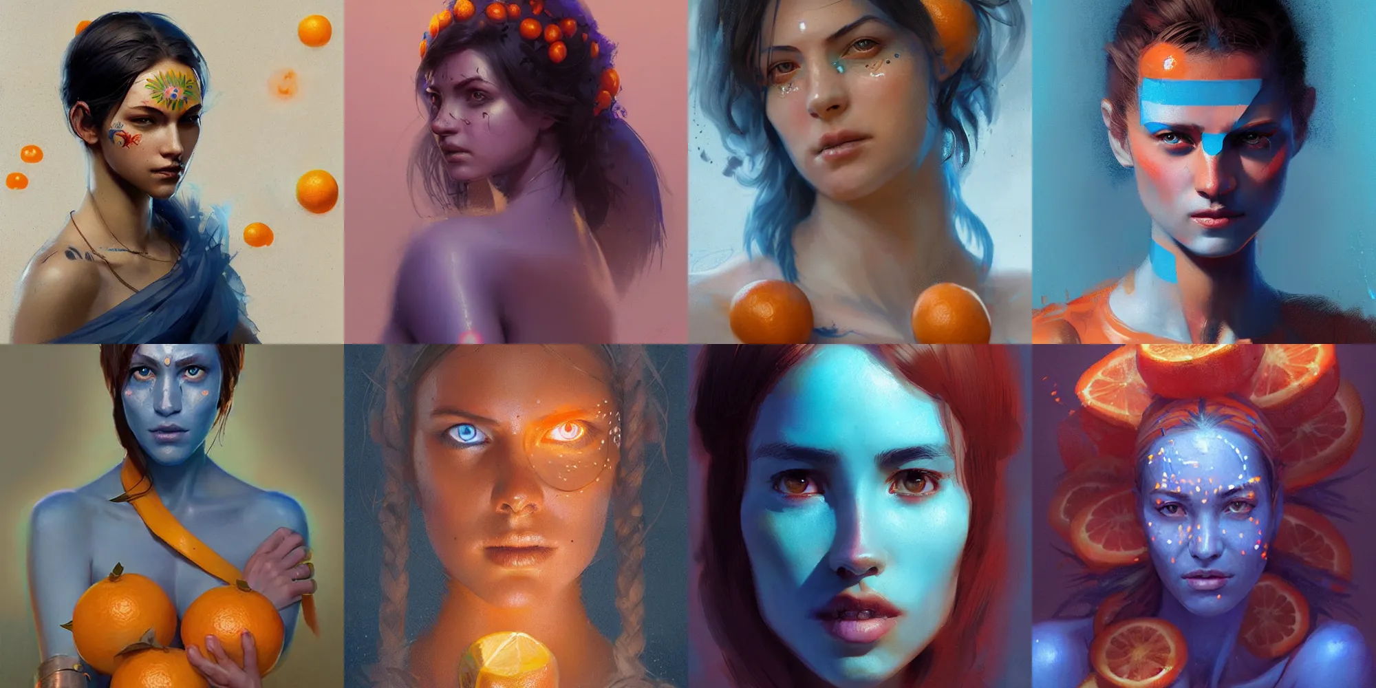 Prompt: portrait of beautiful women in the fruit of the oranges,glowing blue face tattoos, digital art, concept art, illustration, character by greg rutkowski, trending on artstation