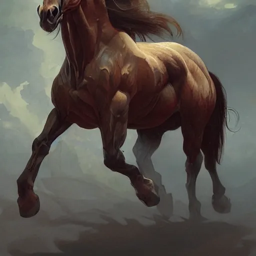 Prompt: an exaggeratedly muscular horse with an enormously massive physique pulling a comically tiny plow, elegant, highly detailed, digital painting, artstation, concept art, sharp focus, illustration, art by artgerm and greg rutkowski and alphonse mucha