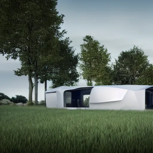 Image similar to a futuristic medium-sized home in the middle of an empty field, hyper-realistic, 4K resolution, dark cinematic, hyperrealism, volumetric lighting, ultra-detailed