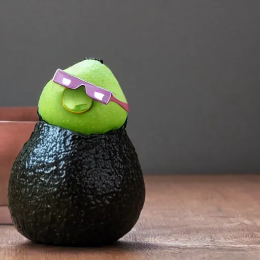 Prompt: a toy avocado wearing sunglasses at a bathtub