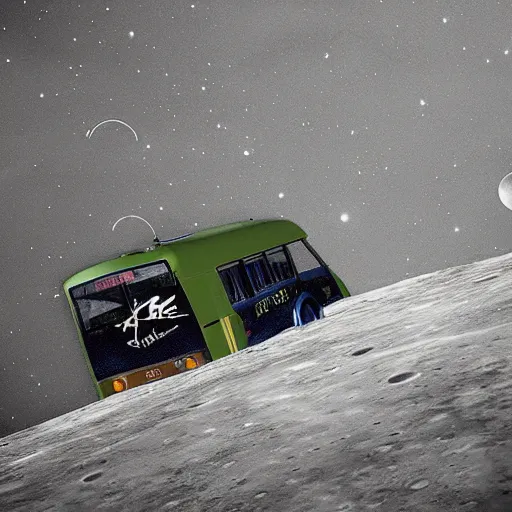 Image similar to realistic sci - fi high detailed photo of flixbus bus on the moon