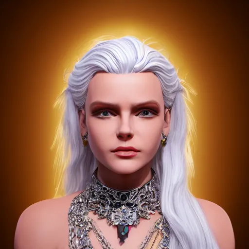 Prompt: portrait of radiant princess with white hair, ornate and intricate diamond jewelry, white accent lighting, 4 k octane render