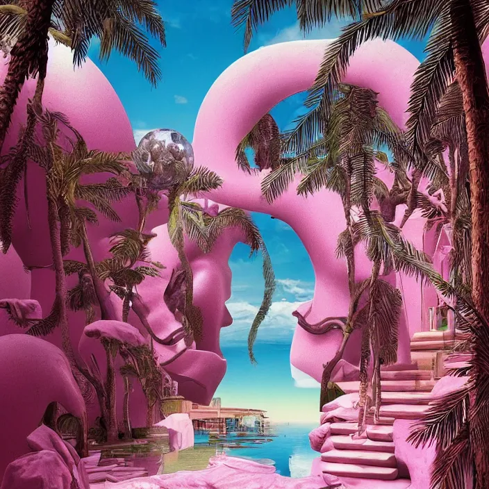 Image similar to hyperrealistic geometric objects in a surreal minimalistic 8 0's dreamscape environment by salvador dali, enormous emoji, highly detailed, 3 d render, octane, beautiful lighting, photorealistic, intricate, elegant, wayne barlowe, water, mirrors, pink doorway, beautiful, masterpiece, trending on artstation, palm tree