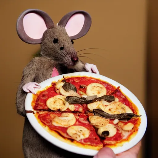 Prompt: italian mouse holding a pizza, photography