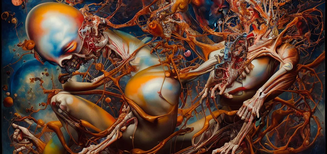 Prompt: fleshy anatomical figures with extra limbs, hovering in the air, zero gravity, neurons firing, rich colours, karol bak, mark brooks, hauntingly surreal, highly detailed painting by katsuhiro otomo, part by james jean, part by adrian ghenie, part by gerhard richter, soft light 4 k