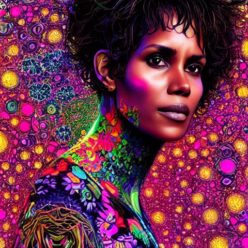 Image similar to portrait of halle berry, hyper detailed masterpiece, neon floral pattern, jean giraud, digital art painting, darkwave goth aesthetic, psychedelic, artgerm, donato giancola and tom bagshaw