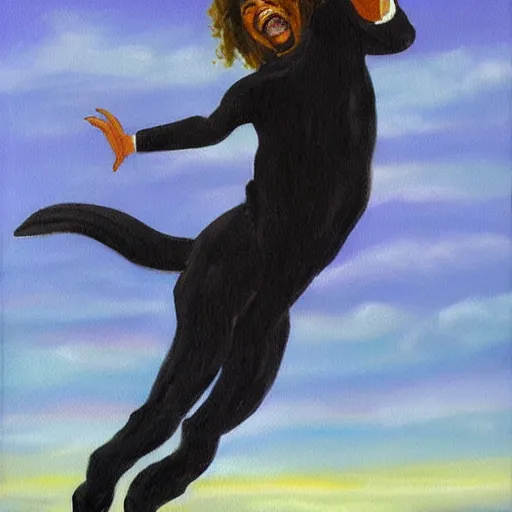 Image similar to egyptian man with long curly hair skydiving alongside small black puppy, fine art oil painting, figurative painting