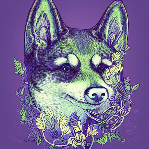 Image similar to the head of an incredibly elegant and beautiful shiba partially made of potatoes and violets, an ultrafine detailed illustration by james jean, final fantasy, intricate linework, bright colors, behance contest winner, vanitas, angular, altermodern, unreal engine 5 highly rendered, global illumination, radiant light, detailed and intricate environment