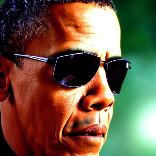 Image similar to a film still of Obama starring in The Matrix (1999), close up, portrait, shallow depth of field