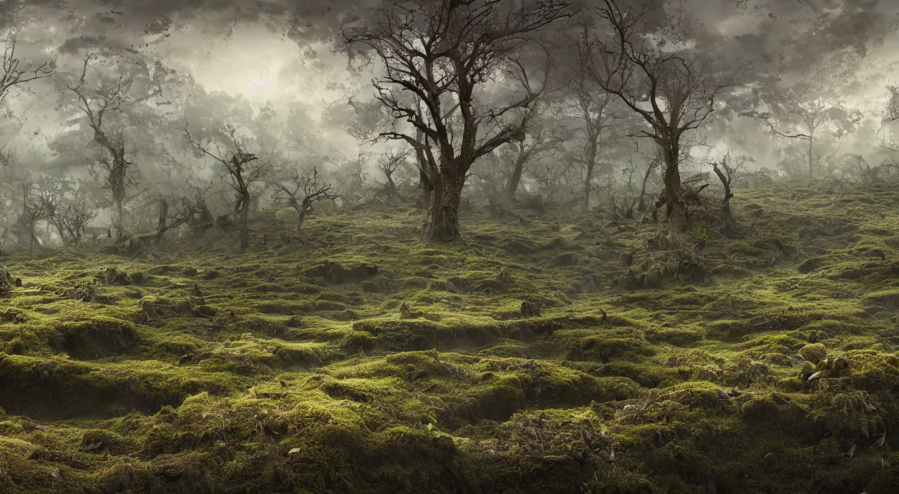 Prompt: Scene of a giant 65 year-old Gaia covered in moss, crying softly and humbly while crossing a dried up river in a panorama of a desolate land, highly-detailed, elegant, dramatic lighting, artstation, 4k, cinematic landscape