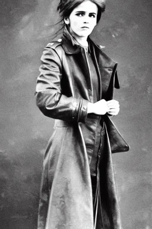 Image similar to photograph of soviet commissar, comrade emma watson, standing in a long leather coat, vintage revolution photograph, famous photo from kgb archives