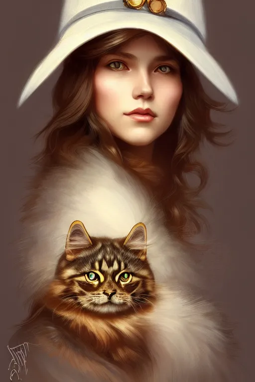 Image similar to symmetry!! girl with siberian cat in a hat!!, intricate, elegant, highly detailed, digital painting, artstation, concept art, smooth, sharp focus, illustration, art by artgerm and greg rutkowski and alphonse mucha, 8 k