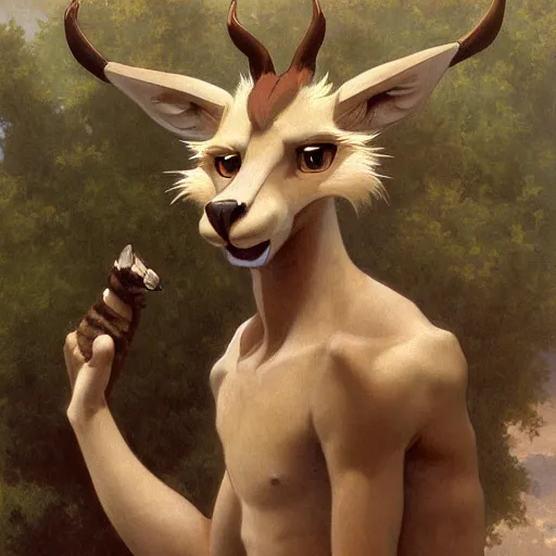 Prompt: a portrait of an anthropomorphic gazelle, furry fursona, in the style of william - adolphe bouguereau and hayao miyazaki and masamune shirow, extremely detailed, wlop