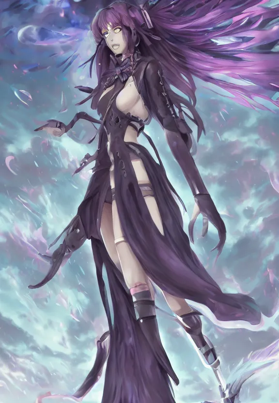 Prompt: mad necromancer anime girl walking through tunder lands of infinite geometry, floating obelisks, oil painting, symmetrical, rule of three, detailed body, full body, detailed face, ultradetailed digital illustration, 8 k, epic atmosphere, digital art by simon cowell and rachel walpole