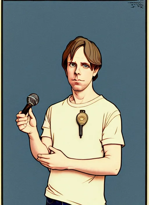 Prompt: art nouveau portrait of geoff rickly with short light brown straw blond hair, light blue eyes, sad expression, scared, head down, shy and demure, jeans and black t - shirt, holding a microphone, natural lighting, path traced, highly detailed, high quality, cartoon, digital painting, by don bluth and ross tran and studio ghibli and alphonse mucha