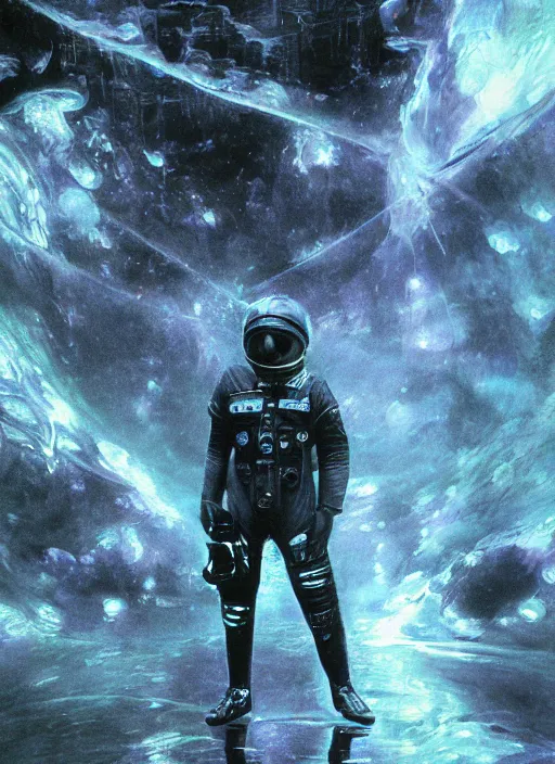 Image similar to astronaut in dark void underwater - complex and hyperdetailed technical suit design. reflection and dispersion materials. rays and dispersion of light. volumetric light. f / 3 2. noise film photo. flash photography. ultra realistic, 5 0 mm. poster by wayne barlowe, hajime sorayama aaron horkey, craig mullins